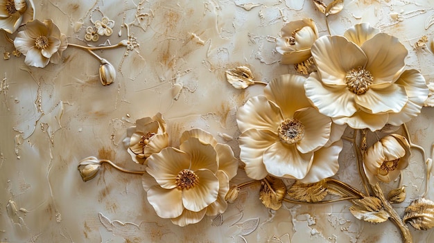 Texture décorative légère d'un mur en plâtre avec des fleurs décoratives volumineuses et des éléments dorés