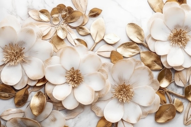 La texture du marbre aux couleurs blanc et or avec des fleurs dorées Fond d'écran luxueux Generative AI