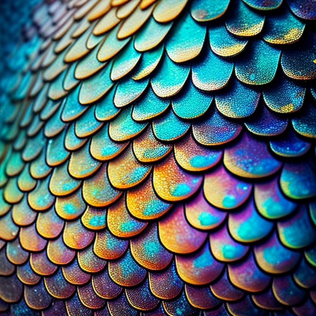 Texture d'écailles de poisson arc-en-ciel irisées en gros plan, arrière-plan inhabituel pour la décoration, le design, l'impression, l'art