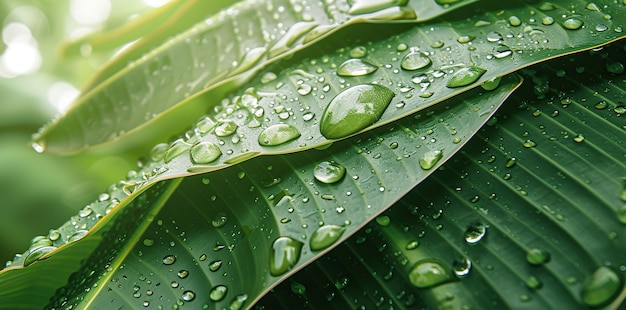 La texture étincelante des gouttes de pluie sur une feuille de banane embrasse l'éclat et l'élégance naturelle du feuillage trempé de pluie