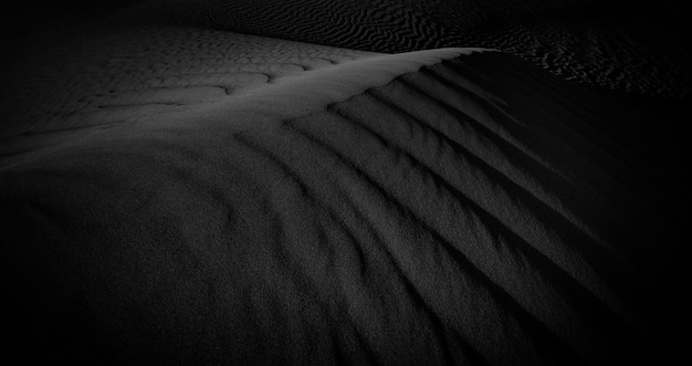 Texture foncée noire et blanche des dunes de sable du désert