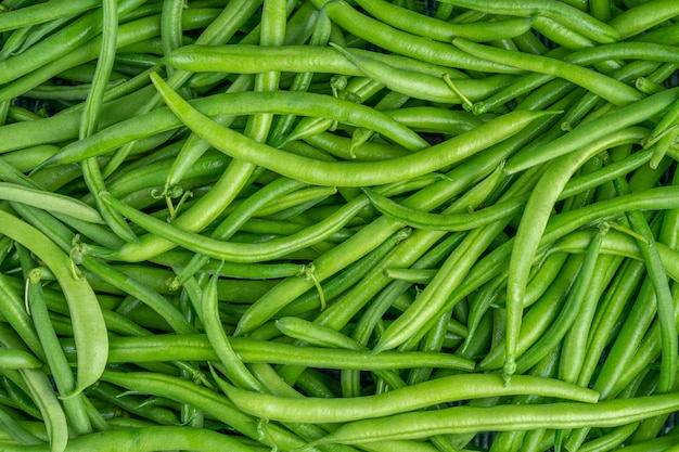 Texture de gousses de haricots verts frais Vue de dessus en gros plan