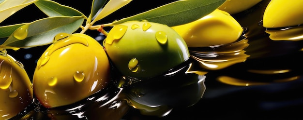 Photo texture d'huile d'olive fraîche bio coulante d'olives mûres bannière panoramique alimentaire saine générative ai