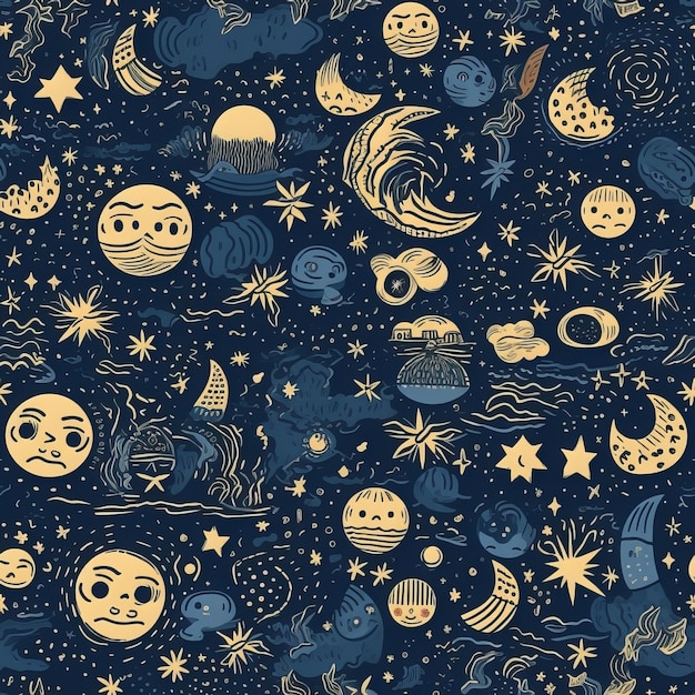 Texture de lune souriante sans couture avec des planètes et des étoiles