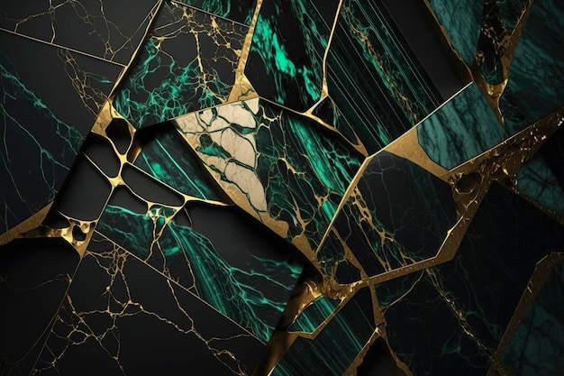 Texture de marbre exquise dans des tons de vert et d'or scintillant : parfaite pour le design d'intérieur et les projets architecturaux créés avec la technologie IA générative.
