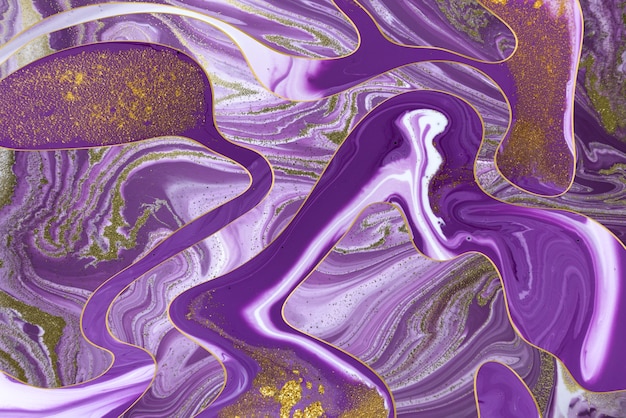 Texture de marbre vague d'encre or et fond abstrait liquide violet