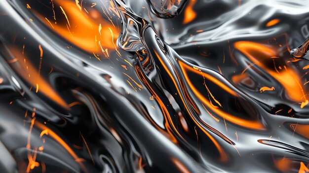 Texture métallique fondue avec des éclaboussures orange brillantes rendu 3D