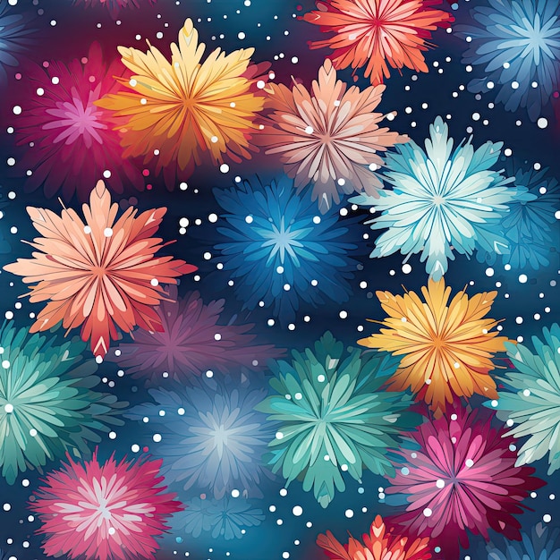 Photo texture de motif transparente avec des fleurs d'étoiles de flocons de neige multicolores pour du papier d'emballage festif ou un arrière-plan pour une carte de voeux