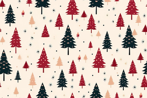 Texture de Noël sans couture avec des pins illustrés en vert or et rouge sur fond blanc