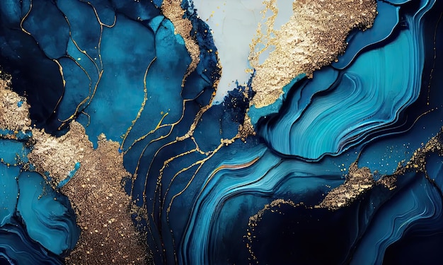 Texture de peinture abstraite Peinture bleue de luxe naturelle avec poudre brillante dorée IA générative
