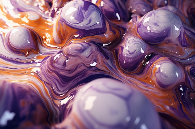 Texture de peinture liquide bouillante multicolore avec des vagues et des bulles Jeu de couleurs orange et violet