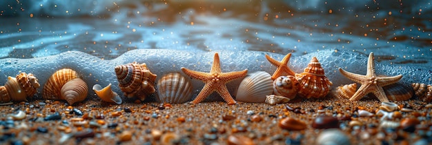 Texture de plage de sable réaliste avec des coquillages et des étoiles de mer