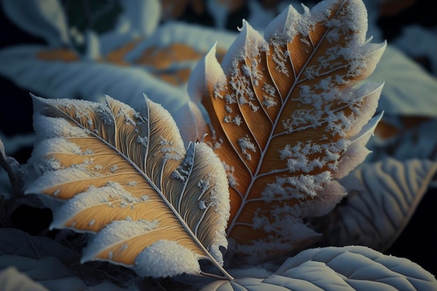 Texture de quelques feuilles couvertes de neige et de glace un jour d'hiver