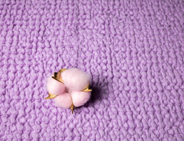 Texture de serviette en coton lilas avec une fleur de coton dessus