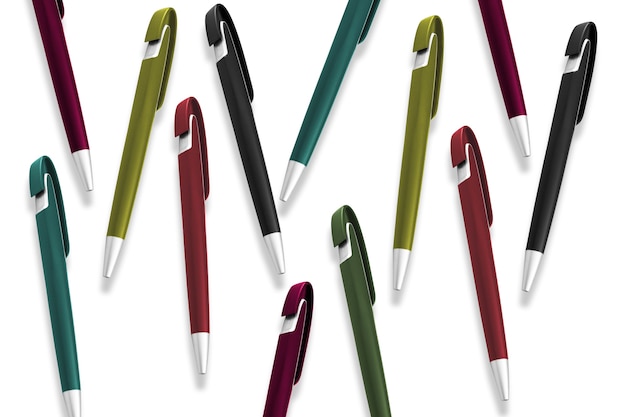 La texture des stylos à bille multicolores sur un fond blanc isolé