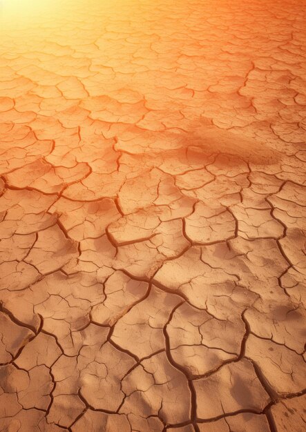 Photo texture de la surface du sol fissurée à sec avec changement climatique léger au coucher du soleil ai générative