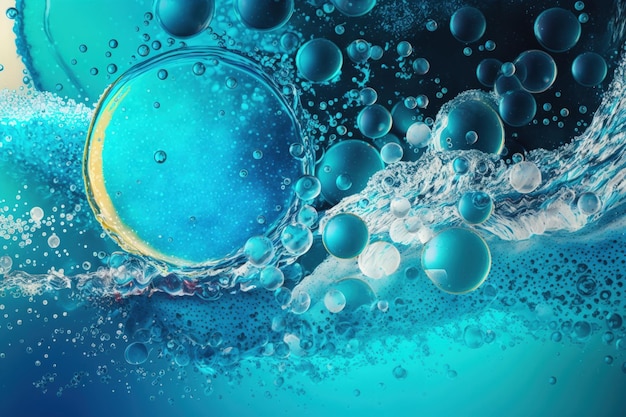 Texture de surface de l'eau bleu clair transparent avec des éclaboussures de bulles et des ondulations Arrière-plan d'une bannière d'été abstraite Avec espace de copie la lumière du soleil et les vagues d'eau émulsion toner micellaire pour cos