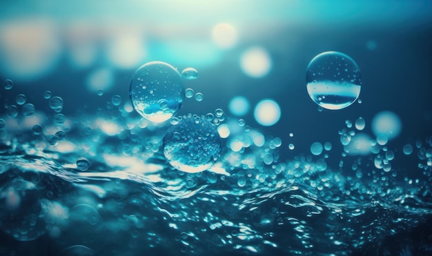 Texture de surface de l'eau bleue tranquille avec des bulles et des éclaboussures