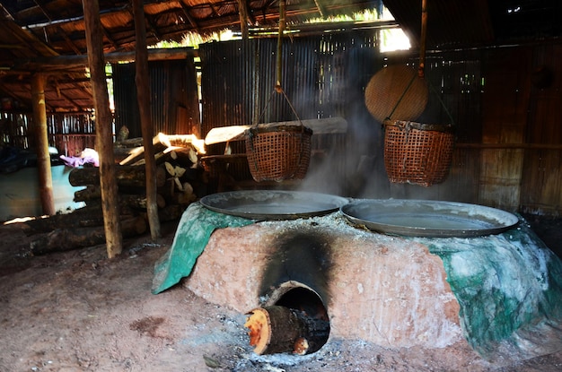 Des Thaïlandais mettent du bois de chauffage dans un ancien poêle pour fabriquer du sel gemme Connaissances autochtones de bo kluea dans la ville de Nan le matin au village de Ban Bo Kluea le 30 avril 2011 à Nan Thaïlande