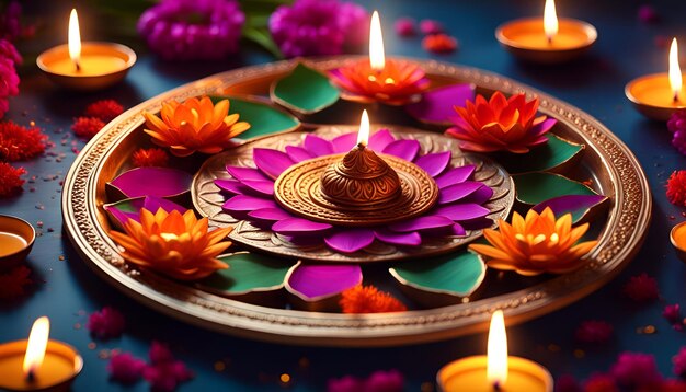 Photo un thali de diwali magnifiquement décoré avec des fleurs vibrantes et des diyas éclairés