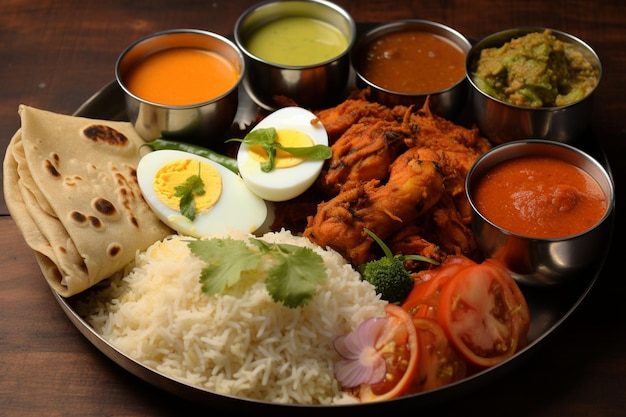 Le thali de poulet comprend du poulet frit, des œufs, du curry, des lentilles, du biryani, du roti et des oignons.