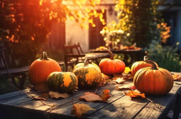 Thanksgiving avec des citrouilles et des feuilles devant une table en plein air