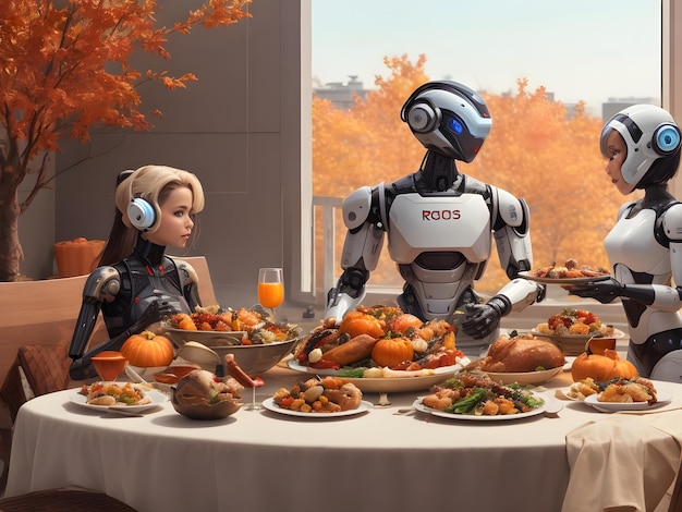 Photo un thanksgiving futuriste où les robots et les humains partagent un festin