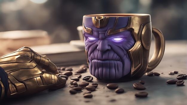 Photo thanos buvant du café avec la tasse de thanos