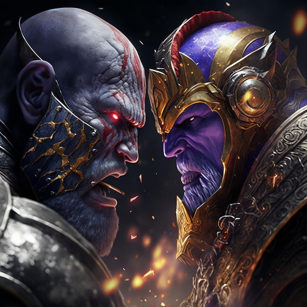 Photo thanos et drax s'affrontent dans une scène de bataille générative ai