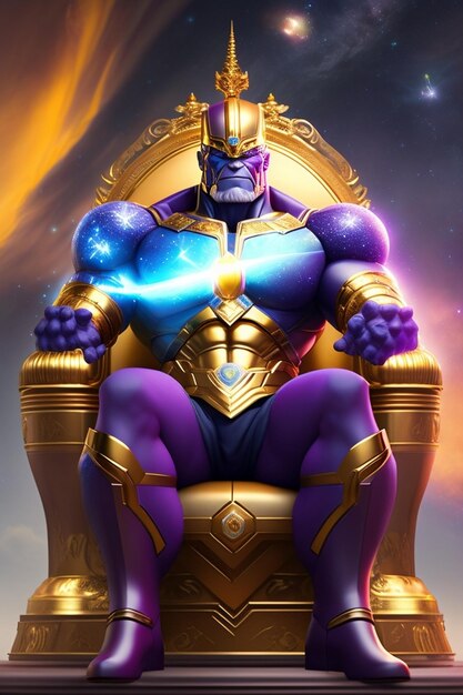 Photo un thanos d'un personnage bleu et or assis sur un trône ai génératif