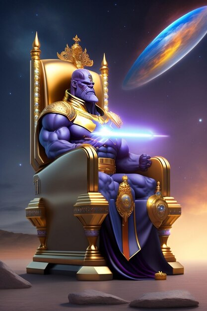 Photo un thanos d'un personnage bleu et or assis sur un trône ai génératif