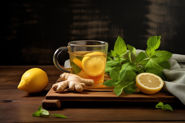 Thé au citron et au gingembre dans un petit verre pour une boisson saine