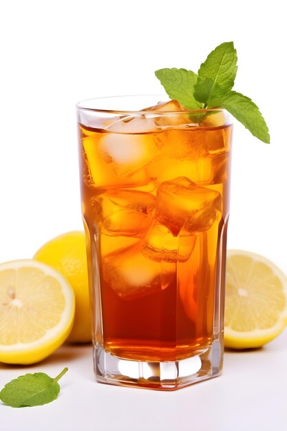 Thé au citron glacé dans un verre sur fond blanc professionnel Photographie de boisson