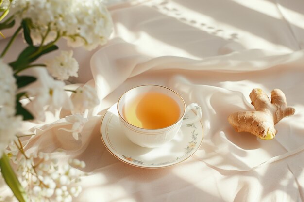 Thé au gingembre dans une tasse en céramique avec de la racine de gingembre sur un fond clair ensoleillé IA générative