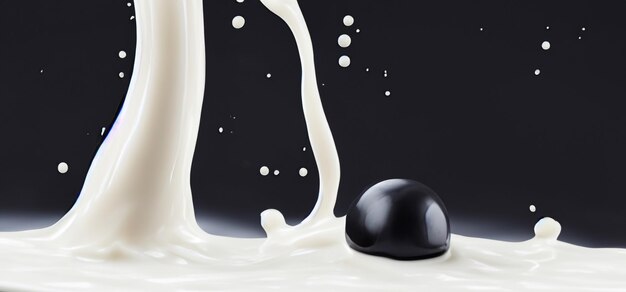 Thé au lait à bulles avec des boules de tapioca éclaboussant sur fond noir