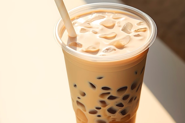 Thé au lait à bulles avec des perles de tapioca dans un café généré par l'IA