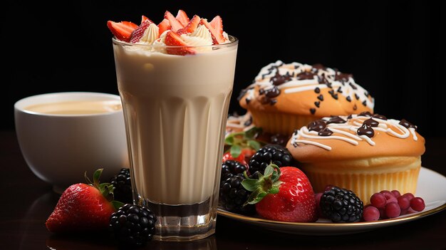 Le thé au lait et les fruits sur la table