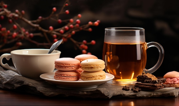 Le thé d'automne avec une tasse de thé, une théière en verre et des macaroons, du thé naturel à base de framboises, esthétique.