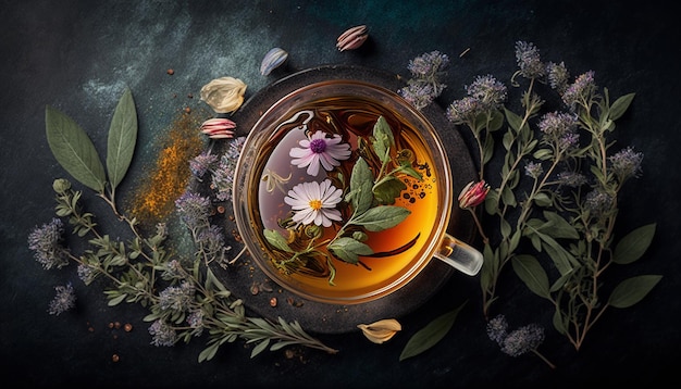 Thé aux herbes et fleurs dans une tasse vue de dessus Generative AI