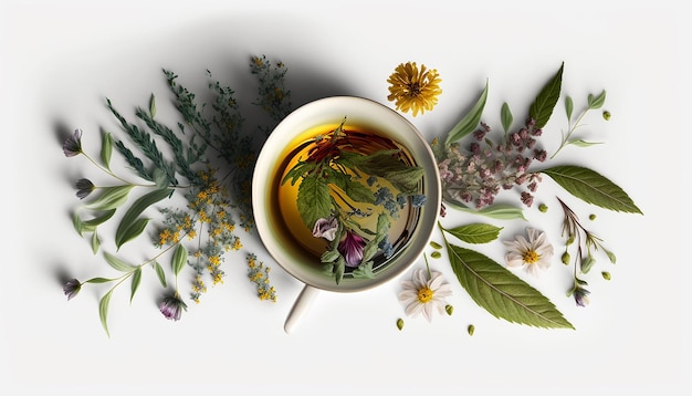 Thé aux herbes et fleurs dans une tasse vue de dessus Generative AI