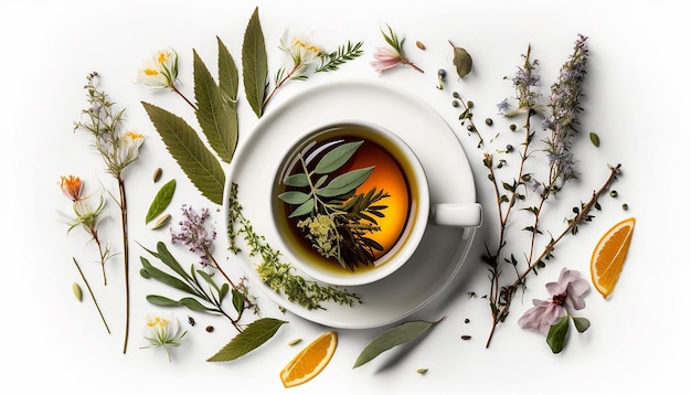 Thé aux herbes et fleurs dans une tasse vue de dessus Generative AI