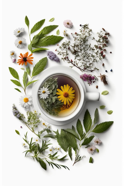 Thé aux herbes et fleurs dans une tasse vue de dessus Generative AI