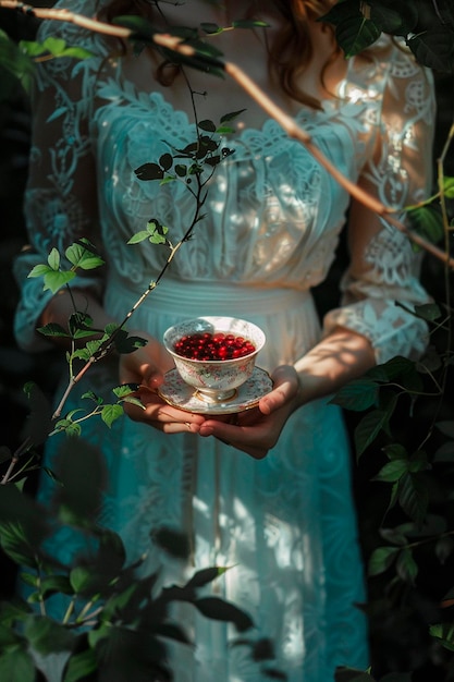 thé de baies dans les mains d'une femme dans le jardin Focus sélectif