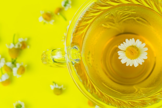 Thé à la camomille avec une fleur dans une tasse de près