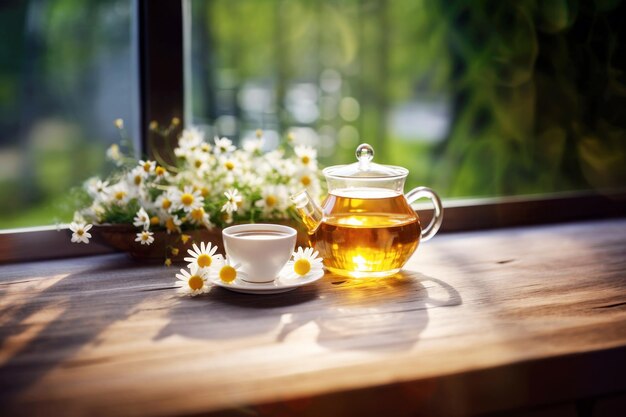 Un thé à la camomille avec une théière en verre près de la fenêtre et un bouquet de camomille sur la table