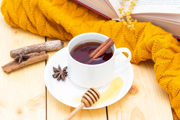 Thé à La Cannelle Chaud Aromatique Recouvert D'une écharpe Chaude Sur Un Fond D'automne En Bois Louche De Miel Avec Du Miel à L'aise Pour Lire Un Livre