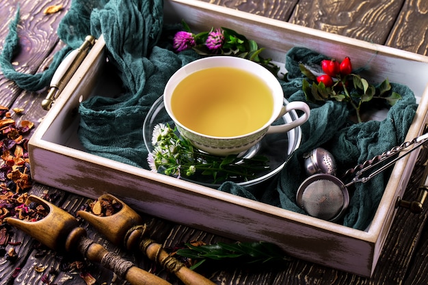 Thé chaud dans une tasse sur une ancienne surface