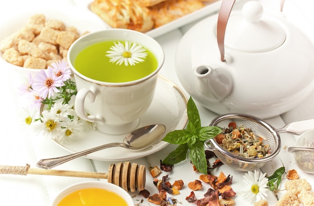 Thé chaud dans une tasse sur fond blanc.