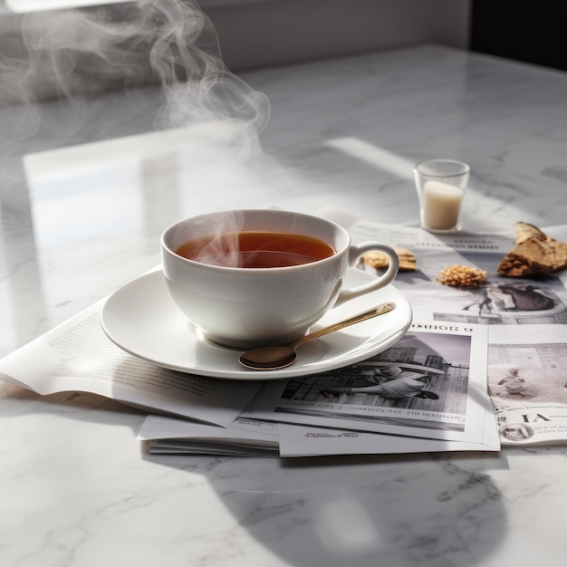 Thé chaud dans une tasse avec un journal sur la table IA générative