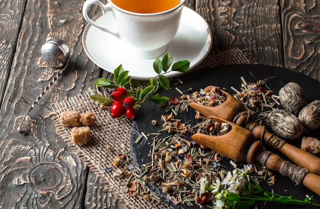 Thé chaud dans une tasse sur une vieille table.